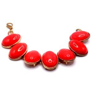 Women Red Oval Bezel Set Cabochon Resin Stones Gold Tone Link Statement Bracelet